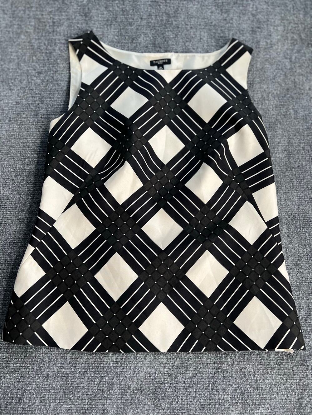 Talbots 100% Silk Sleeveless Shell Blouse Top Black/Cream Geometric 2p(Small)